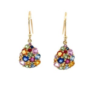 9K Yellow Gold Hook Earrings Multi-Coloured Sapphires 3.27 Carat