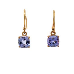 9K Yellow Gold Hook Earrings with 2 Cushion cut Tanzanites TCW 3.43 Carat