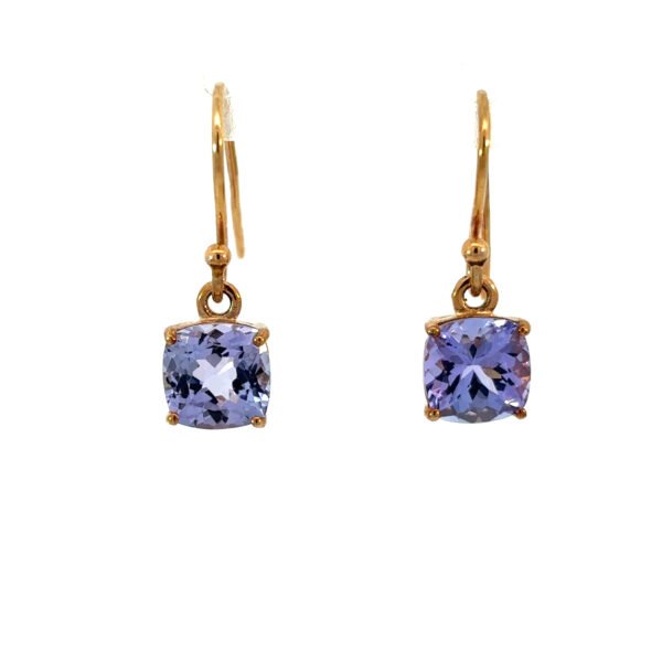 9K Yellow Gold Hook Earrings with 2 Cushion cut Tanzanites TCW 3.43 Carat