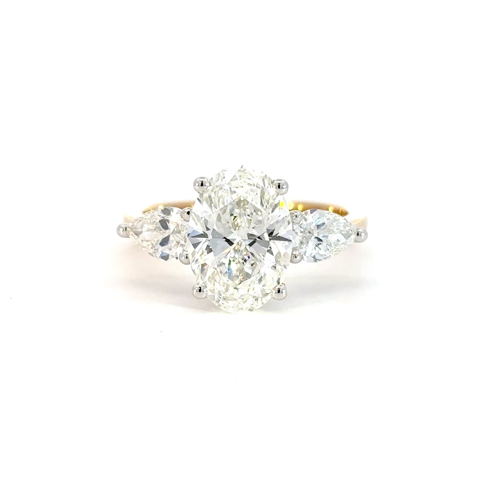 2.58ct Oval Lab Grown Diamond Engagement Ring with Pear Side Stones in 18K Yellow Gold