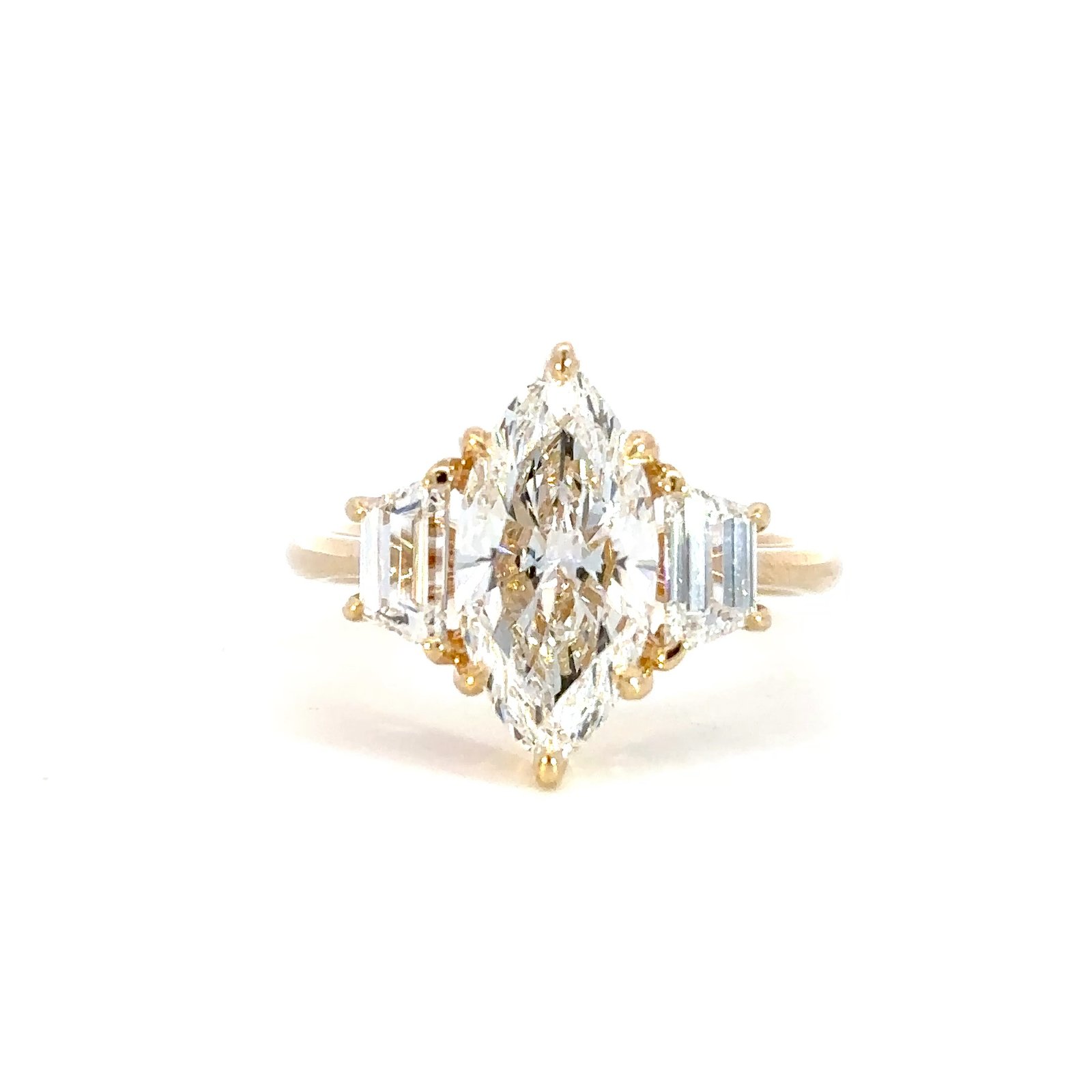 18K Yellow Gold Ring with Lab Grown Marquise cut Diamond 2.5ct and 2 Baguette cut Diamonds TDW 0.83ct