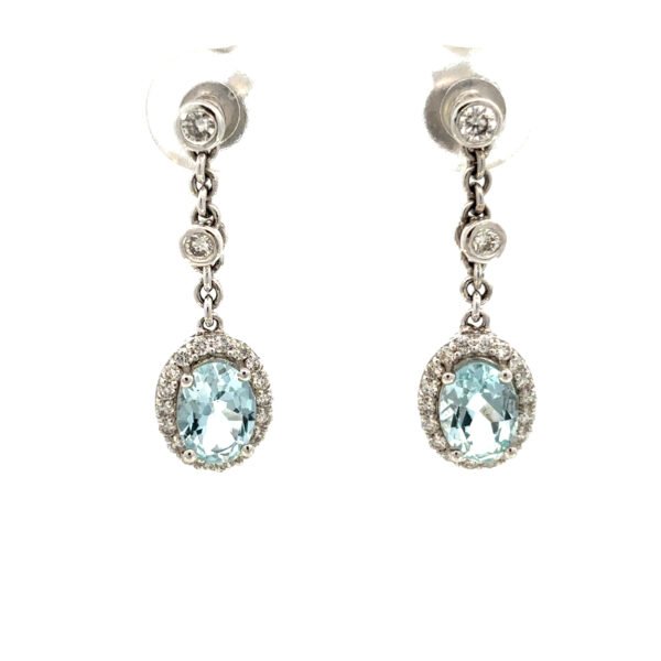 9K White Gold Drop Earring with Oval Aquamarines 1.365 Carat and 40 Round Diamonds TDW 0.443 Carat