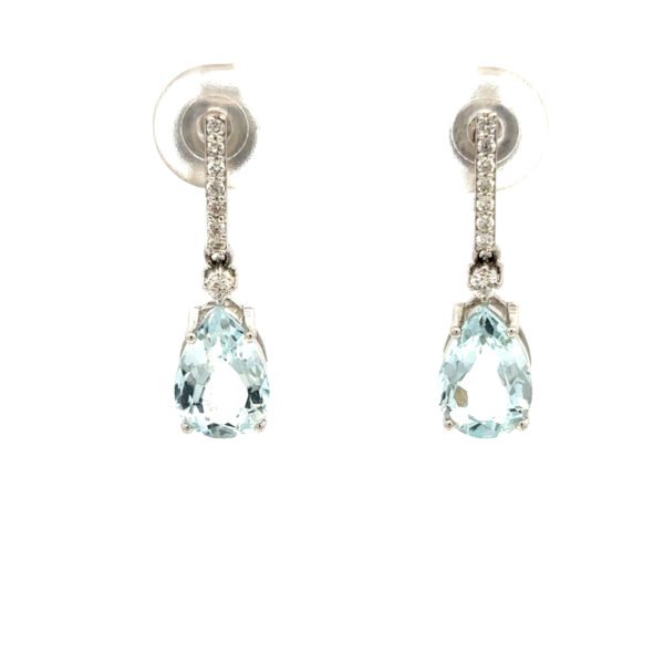 9K White Gold Drop Earring with Pear cut Aquamarines 2.415 Carat and 16 Round Diamonds TDW 0.133 Carat