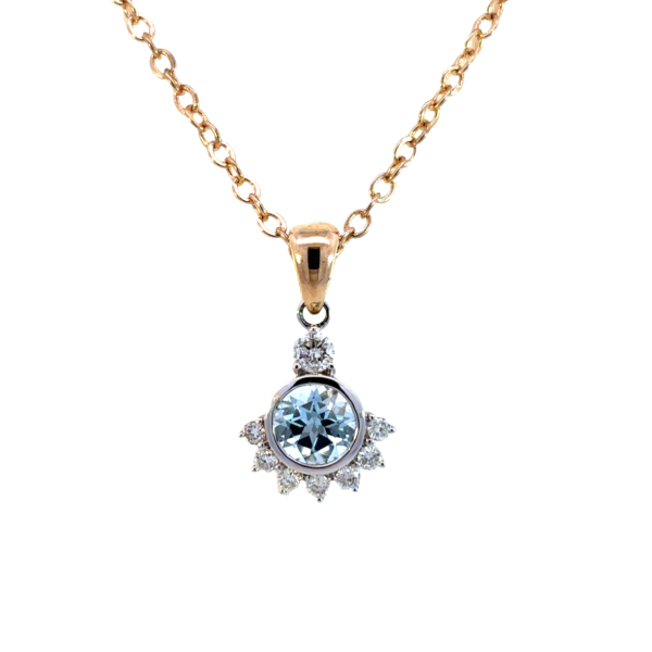 9K Yellow & White Gold Pendant with Round Aquamarine 0.46 Carat and 7 Round Diamonds TDW 0.10 Carat