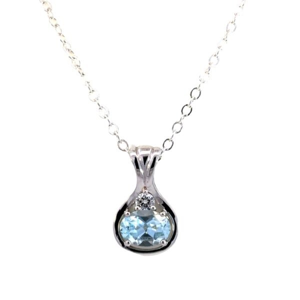 9K White Gold Pendant with Oval Aquamarine 0.63 Carat and Round Diamond 0.08 Carat