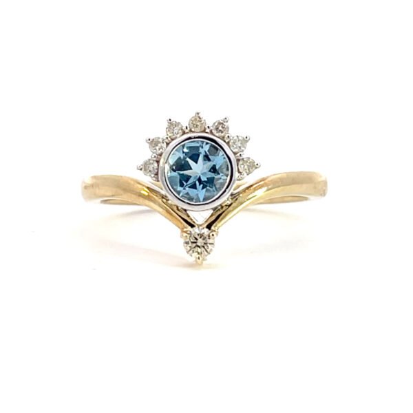 9K Yellow & White Gold Ring Round Aquamarine 0.42 Carat Round Diamonds TDW 0.17 Carat