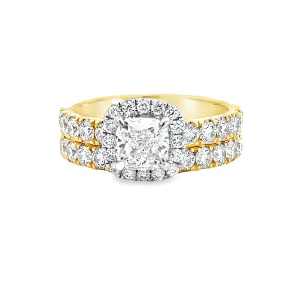 18K Yellow & White Gold Pair Ring with Cushion cut Diamond 1.01 Carat and 41 Round Diamonds TDW 1.40 Carat