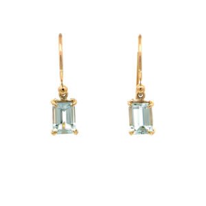 9K Yellow Gold Hook Earrings with 2 Emerald cut Aquamarines