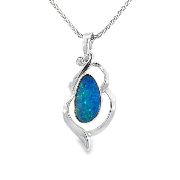14K White Gold Pendant with Doublet Opal 1.39 Carat and Round Diamond 0.01 Carat