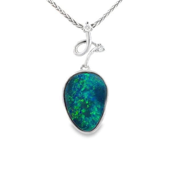 14K White Gold Pendant with Doublet Opal 2.84 Carat and 2 Round Diamonds TDW 0.037 Carat
