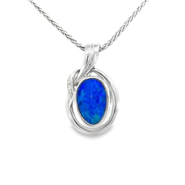 14K White Gold Pendant with Doublet Opal 1.10 Carat and 3 Round Diamonds TDW 0.018 Carat