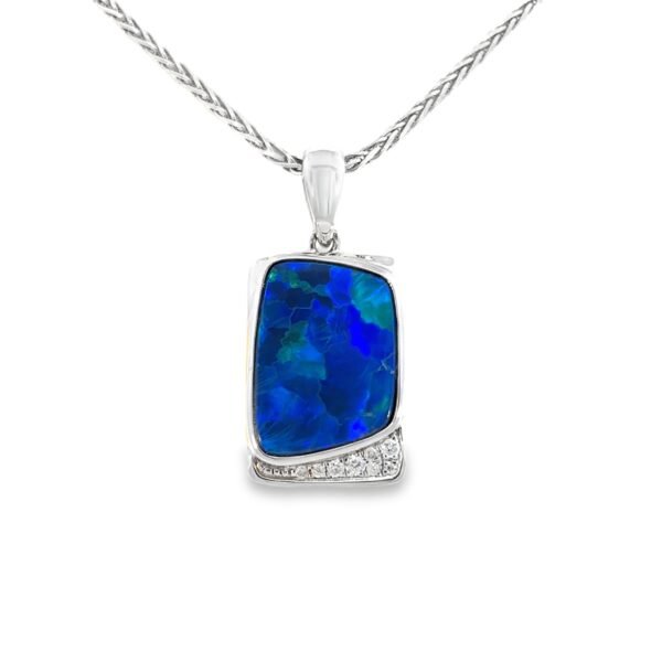 14K White Gold Pendant with Doublet Opal 2.4 Carat and 8 Round Diamonds TDW 0.03 Carat
