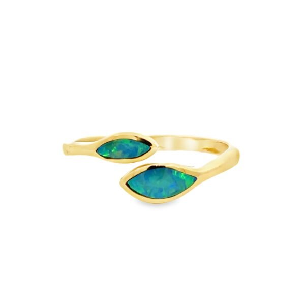 14K Yellow Gold Ring with 2 Marquise shaped Doublet Opals TCW 0.30 Carat