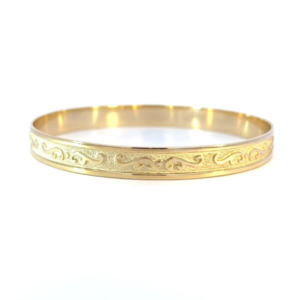 9K Yellow Gold Solid swirl and scroll style Bangle (7.5mm) Diameter 65mm