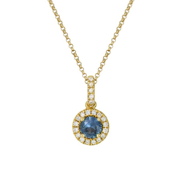 18K Yellow Gold Clarissa Necklace with a Round Blue Sapphire 0.34 Carat and 21 Round Diamonds TDW 0.07 Carat