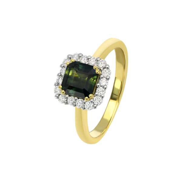 18K Yellow and White Gold Classic Halo Ring with Square Emerald cut Parti Sapphires 1.53 Carat and 16 Round Diamonds 0.35 Carat