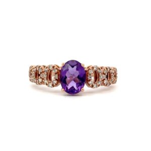 9K Rose Gold Ring with Oval Amethyst 0.98 Carat and 48 Round White Diamonds TDW 0.182 Carat