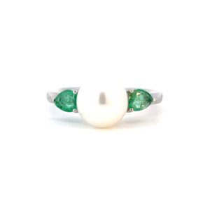 14K White Gold Ring with South Sea Pearl and 2 Pear cut Emeralds