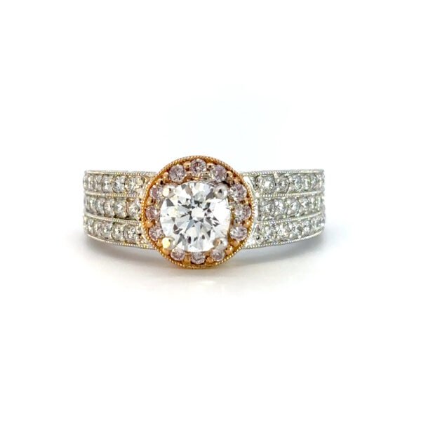 18K White Gold Ring with 49 Round White Diamonds TDW 1.21 Carat and 12 Round Pink Diamonds 0.14 Carat