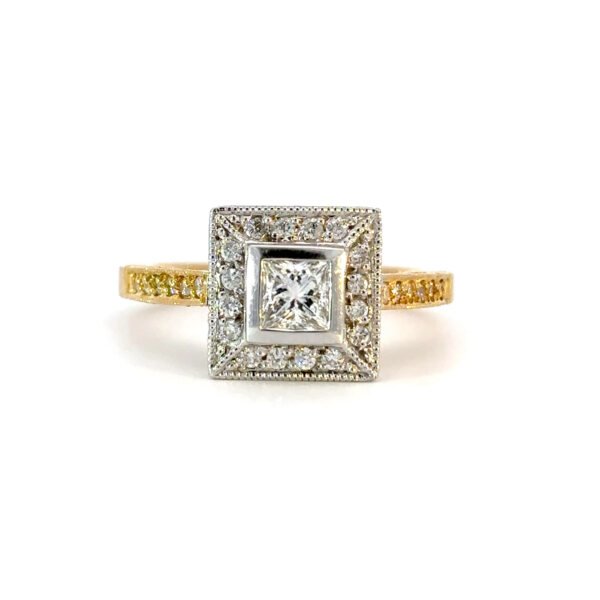 18K Yellow and White Gold Ring with Pincess cut White Diamond 0.35 Carat and 28 Round White Diamonds TDW 0.43 Carat