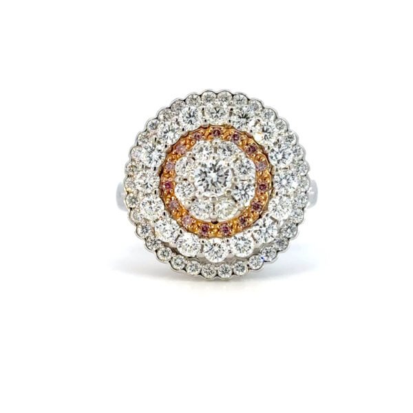 18K White Gold Ring with 59 Round White Diamonds TDW 1.42 Carat and 15 Round Pink Diamonds 0.08 Carat