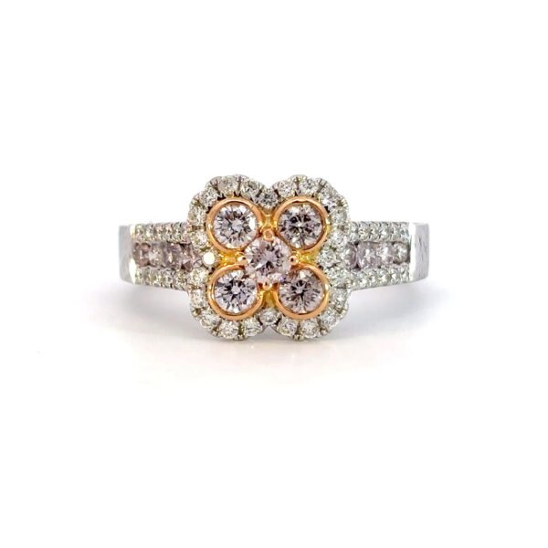 18K White Gold Ring with 48 Round White Diamonds TDW 0.33 Carat and 13 Pink Round Diamonds 0.73 Carat