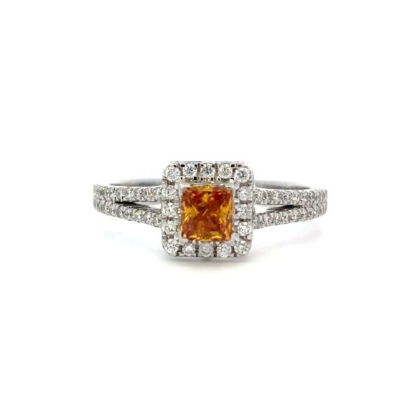 18K White Gold Ring with Yellow Diamond 0.44 Carat and 56 Round White Diamonds TDW 0.315 Carat