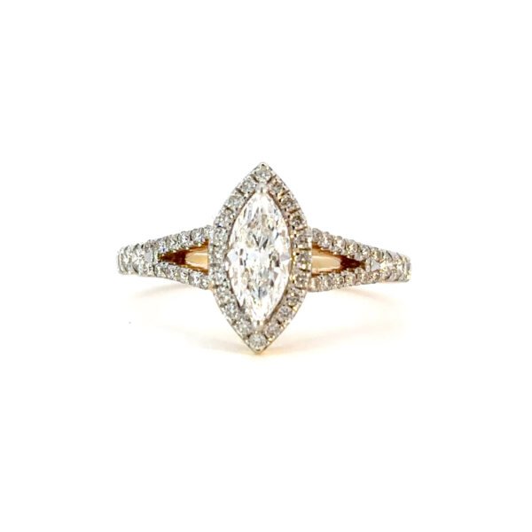 18K Yellow Gold Ring with Marquise cut White Diamond 0.60 Carat and 52 Round White Diamonds TDW 0.41 Carat