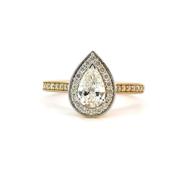 18K Yellow Gold Ring with Pear cut White Diamond 0.70 Carat and 32 Round White Diamonds TDW 0.31 Carat