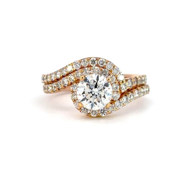 18K Rose Gold Pair Rings with 53 Round White Diamonds TDW 1.818 Carat