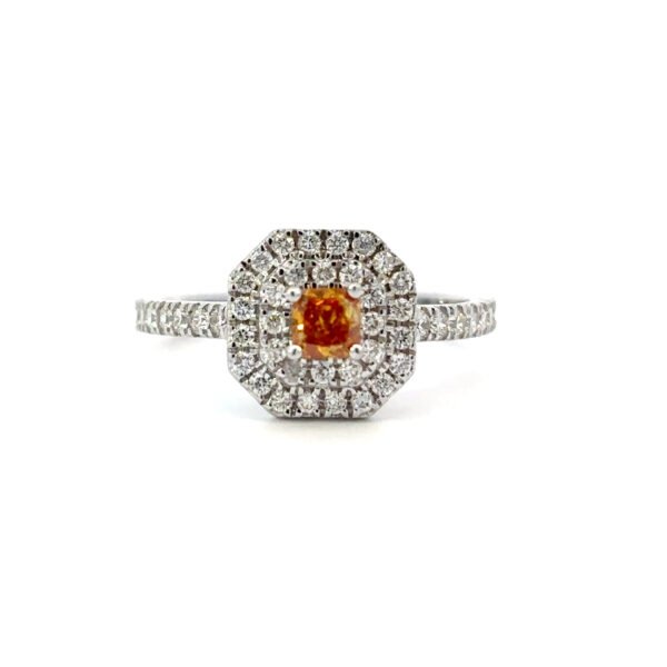 14K White Gold Ring with Yellow Diamond 0.18 Carat and 46 Round White Diamonds TDW 0.44 Carat
