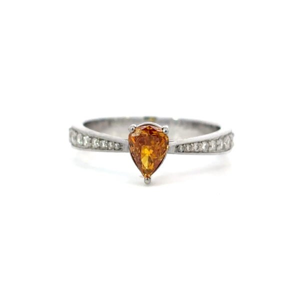 14K White Gold Ring with Pear cut Yellow Diamond 0.39 Carat and 16 Round White Diamonds TDW 0.30 Carat
