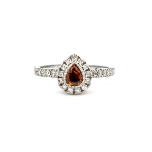 14K White Gold Ring with Pear cut Yellow Diamond 0.35 Carat and 29 Round White Diamonds TDW 0.44 Carat