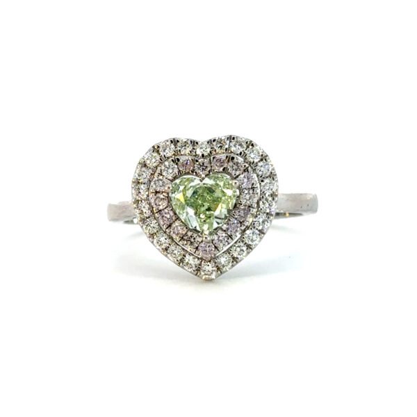 18K White Gold Ring with Heart shaped Green Diamond 0.70 Carat, 16 Round Pink Diamonds TDW 0.209 Carat and 22 Round White Diamonds TDW 0.231 Carat