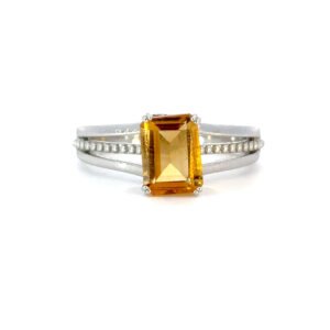 9K White Gold Ring with Emerald cut Yellow Topaz and 19 Round White Diamonds TDW 0.10 Carat