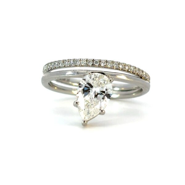 Platinum Pair Ring with Pear cut Lab-grown White Diamond 1.0 Carat and 39 Round Lab-grown White Diamonds TDW 0.19 Carat