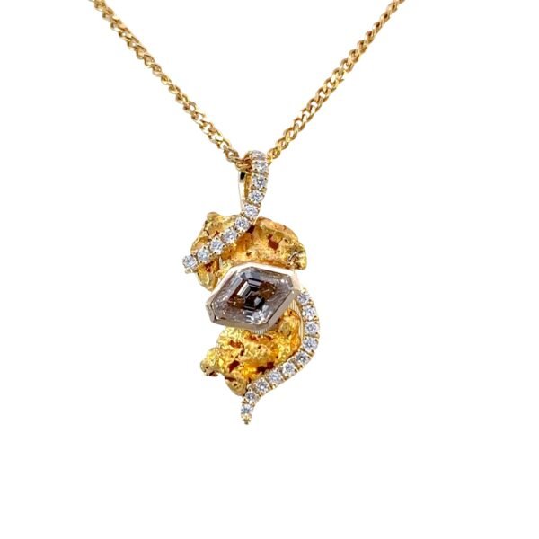 18K Yellow Gold Nugget Pendant with Light Brown Diamond 0.52 Carat and 20 Round White Diamonds TDW 0.88 Carat