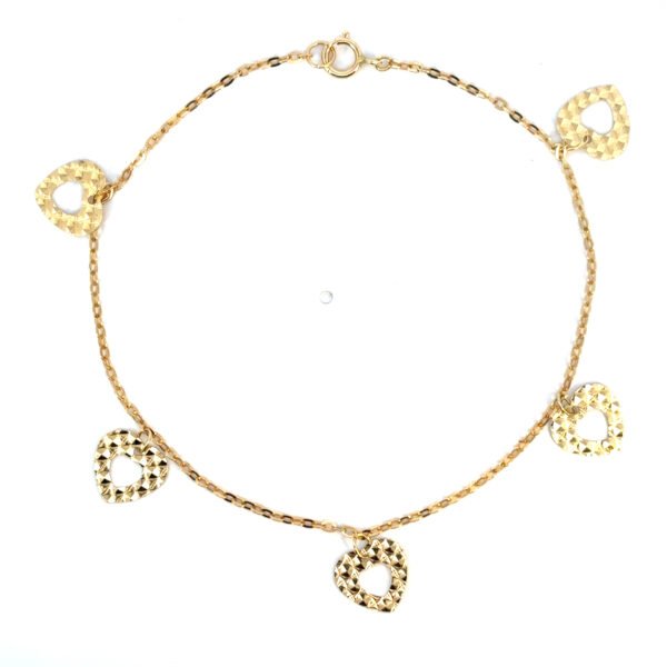 18K Yellow Gold Cable Bracelet Heart Shaped Charms – 20cm