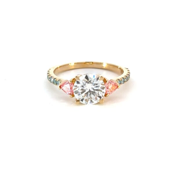 18K Yellow Gold Ring with Round Lab Grown Diamond 1.51ct, 14 Round Blue Diamonds TDW 0.19 Carat and 2 Trillion cut Pink Diamonds TDW 0.35 Carat