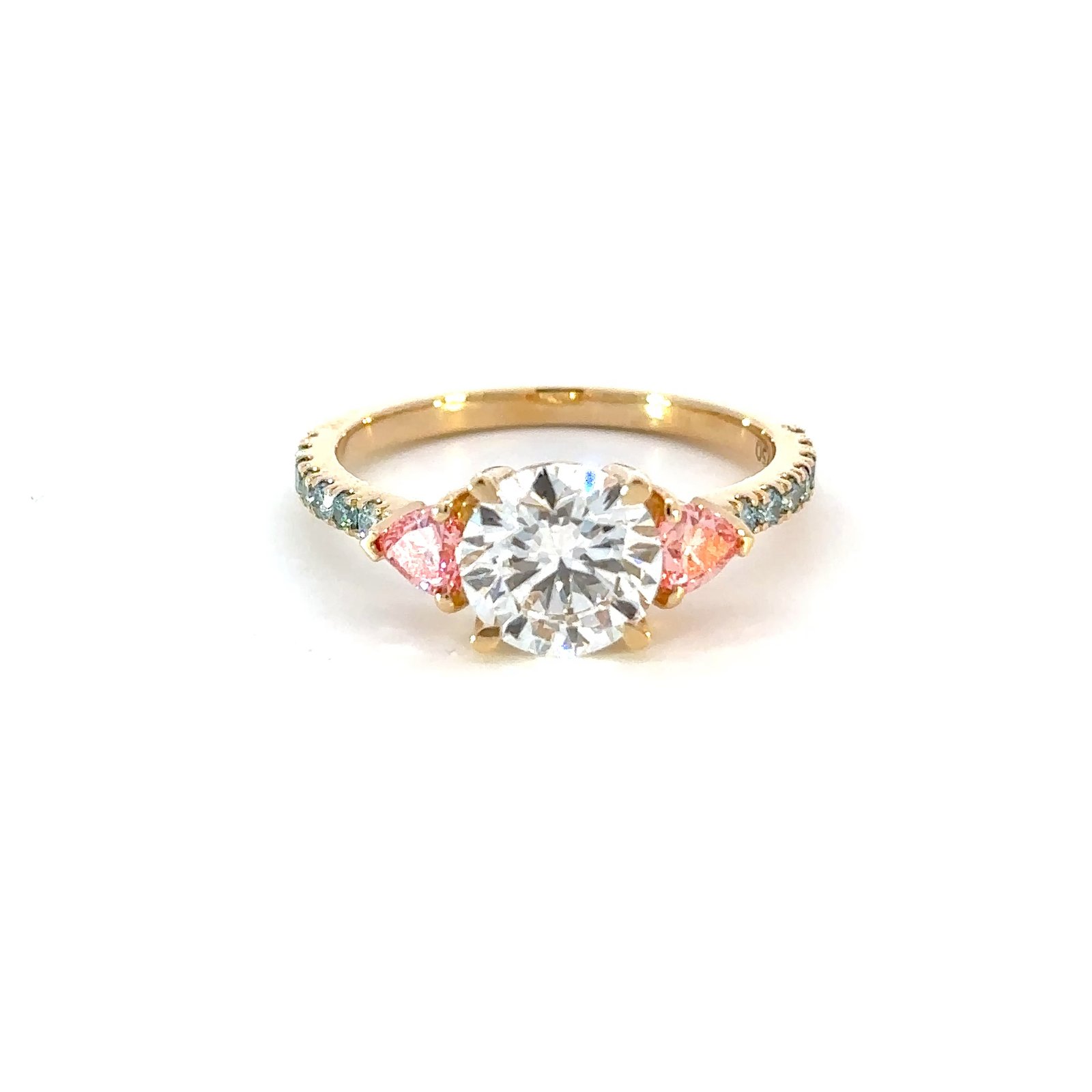 18K Yellow Gold Ring with Round Lab Grown Diamond 1.51ct, 14 Round Blue Diamonds TDW 0.19 Carat and 2 Trillion cut Pink Diamonds TDW 0.35 Carat