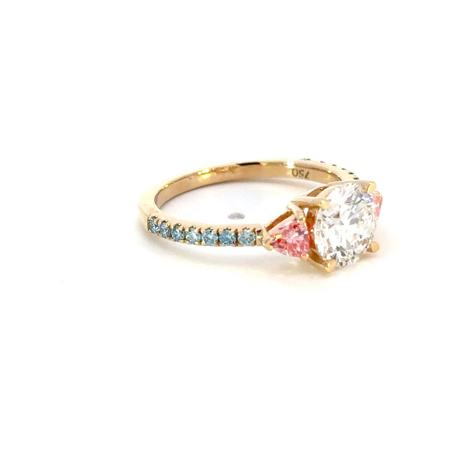 18K Yellow Gold Ring with Round Lab Grown Diamond 1.51ct, 14 Round Blue Diamonds TDW 0.19 Carat and 2 Trillion cut Pink Diamonds TDW 0.35 Carat - Image 3