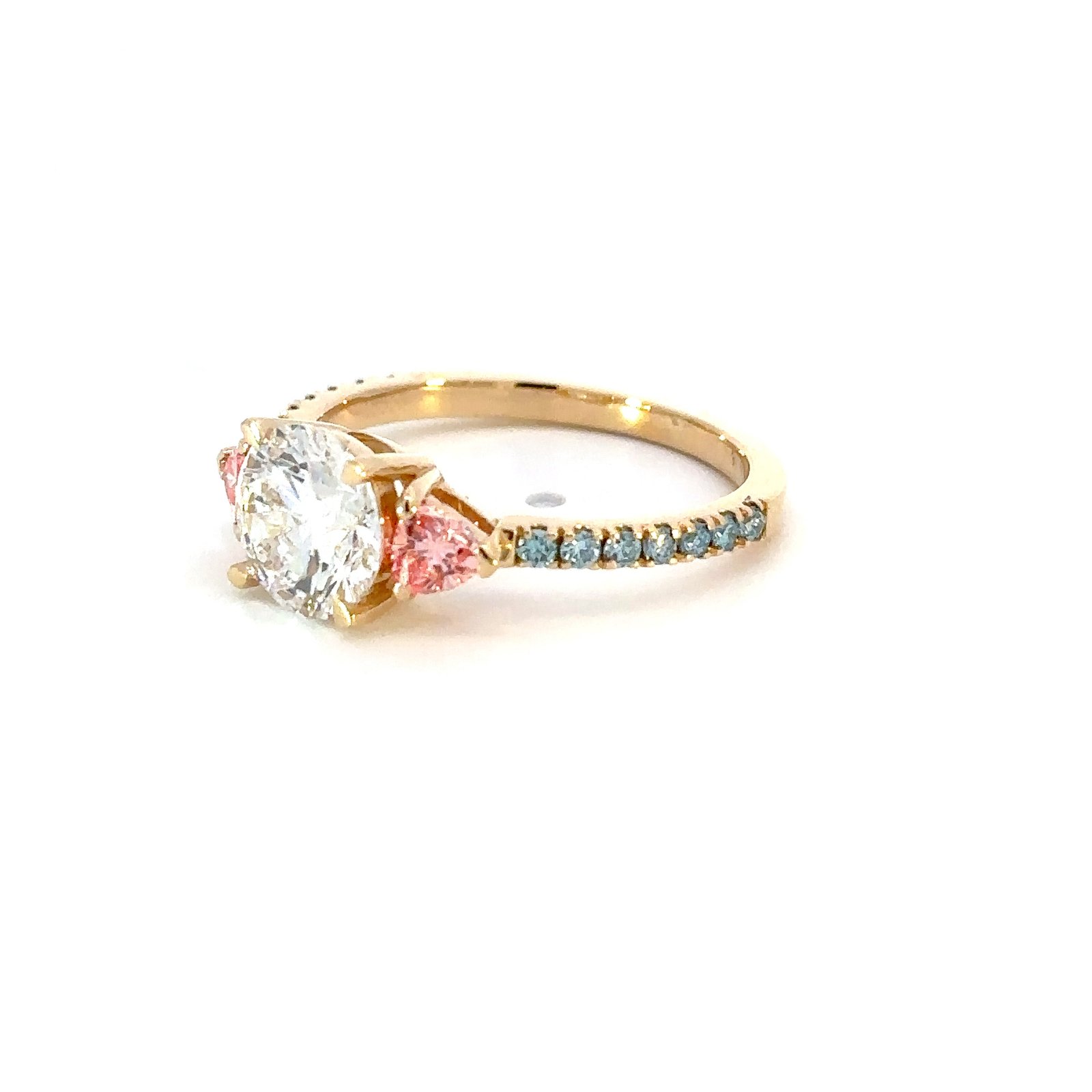 18K Yellow Gold Ring with Round Lab Grown Diamond 1.51ct, 14 Round Blue Diamonds TDW 0.19 Carat and 2 Trillion cut Pink Diamonds TDW 0.35 Carat - Image 2
