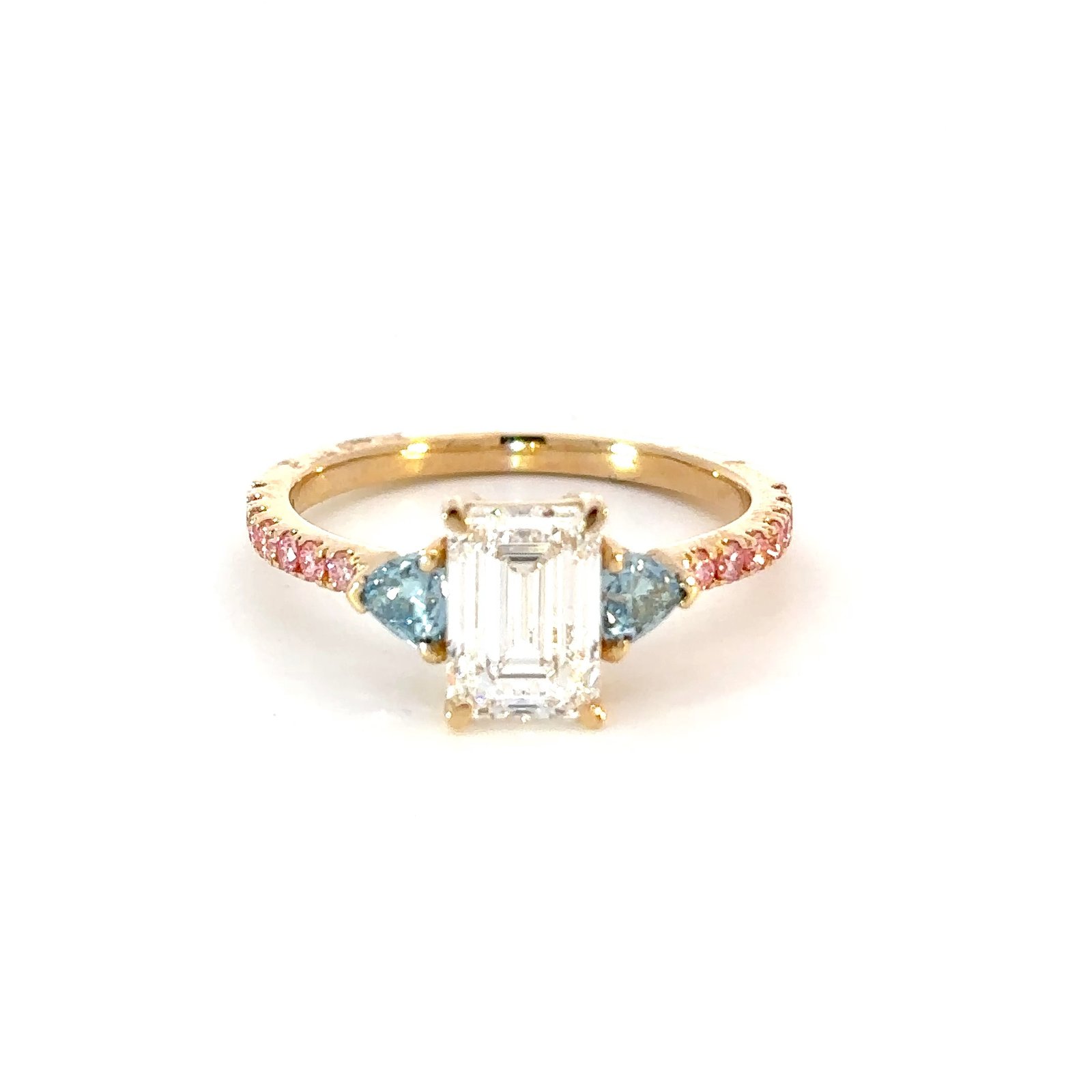 18K Yellow Gold Ring with Emerald cut Lab Grown Diamond 1.53ct, 2 Heart shaped Blue Diamonds TDW 0.34 Carat and 14 Round Pink Diamonds TDW 0.20 Carat