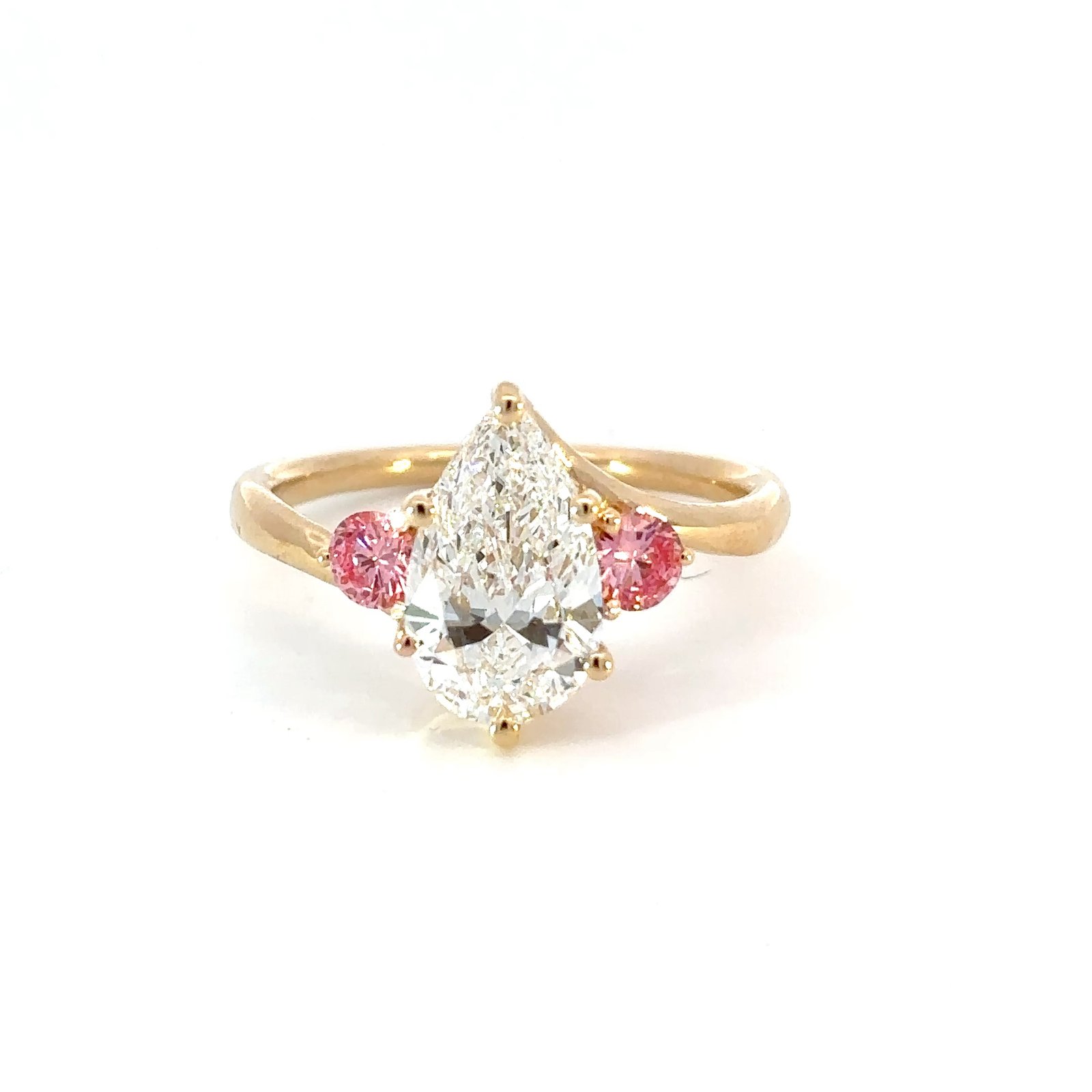 18K Yellow Gold Ring with Pear cut Lab Grown Diamond 2.02ct and 2 Round Pink Diamonds TDW 0.32 Carat
