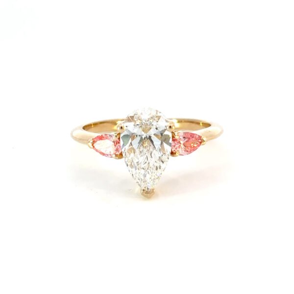 18K Yellow Gold Ring with Pear Lab Grown Diamond 2.01ct and 2 Pear cut Pink Diamonds TDW 0.42 Carat