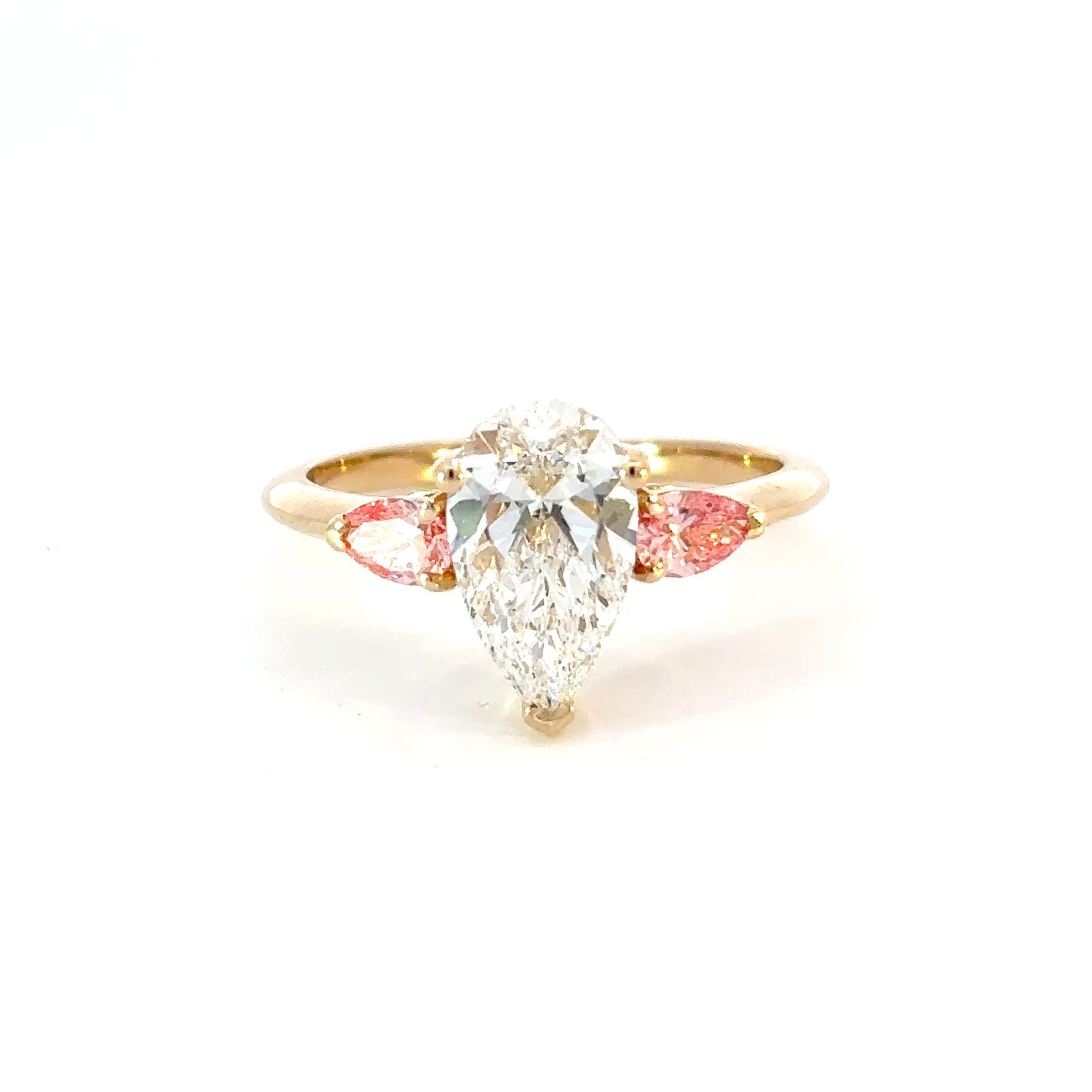 18K Yellow Gold Ring with Pear Lab Grown Diamond 2.01ct and 2 Pear cut Pink Diamonds TDW 0.42 Carat