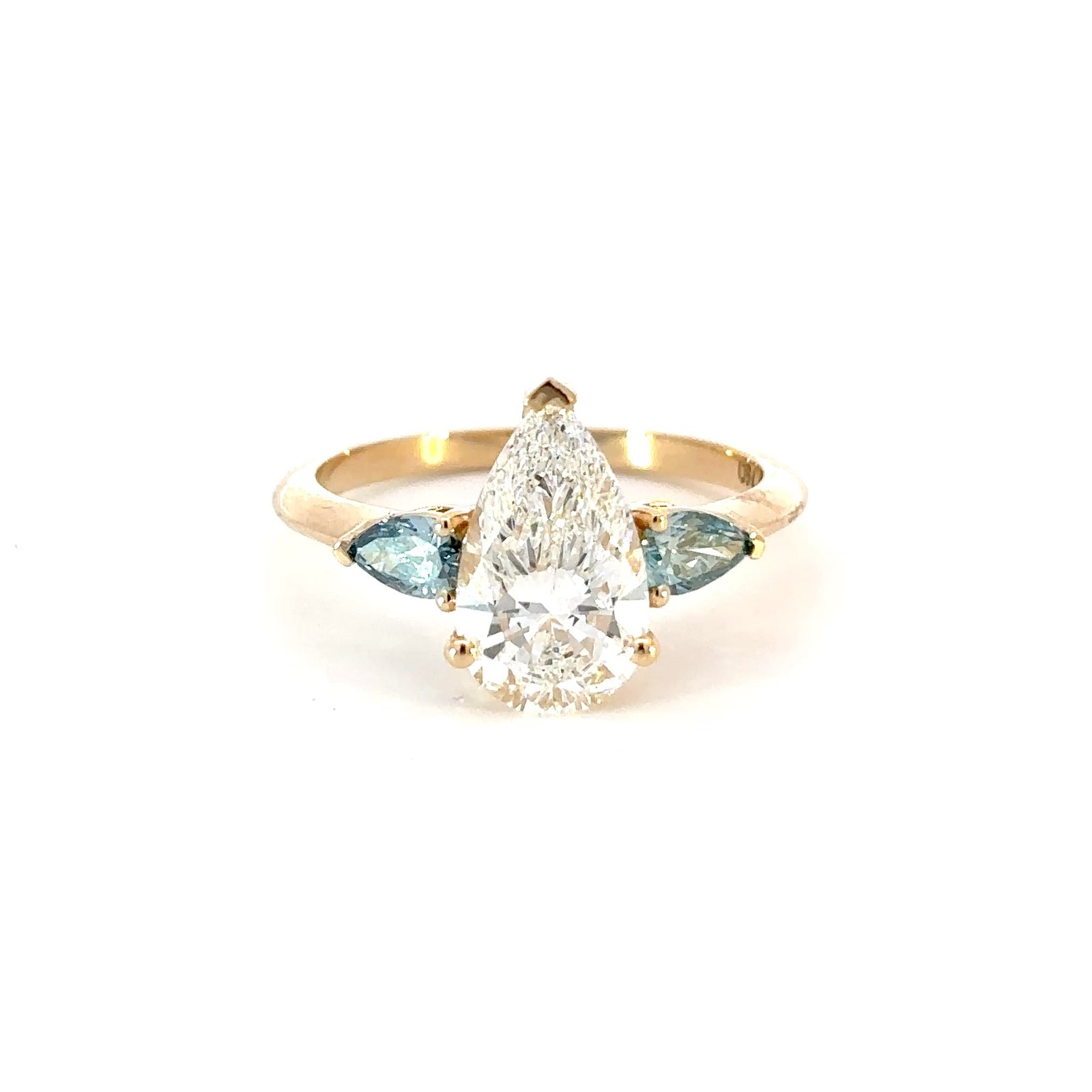 18K Yellow Gold Ring with Pear cut Lab Grown Diamond 2.03ct and 2 Pear cut Blue Diamonds TDW 0.37 Carat