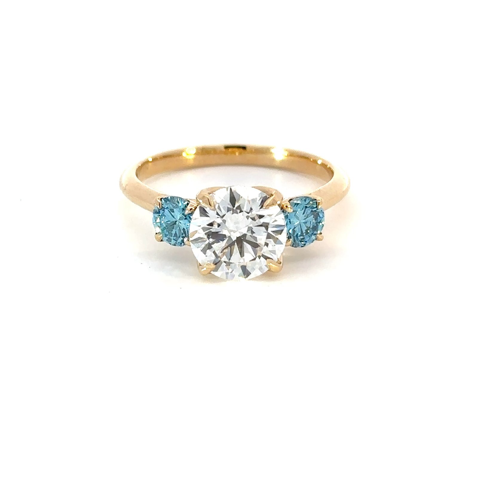 18K Yellow Gold Ring with Round Lab Grown Diamond 2.0ct and 2 Round Blue Diamonds TDW 0.67 Carat