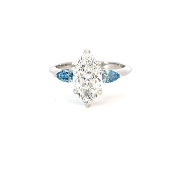 18K White Gold Ring with Marquise cut Lab Grown Diamond 2.05ct and 2 Pear cut Blue Diamonds TDW 0.38 Carat