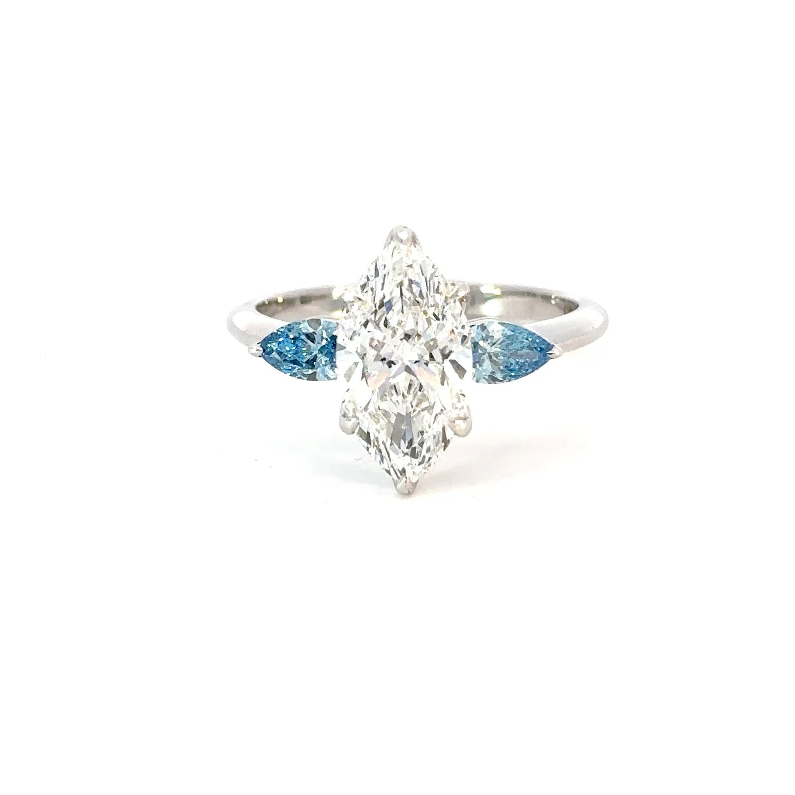 18K White Gold Ring with Marquise cut Lab Grown Diamond 2.05ct and 2 Pear cut Blue Diamonds TDW 0.38 Carat